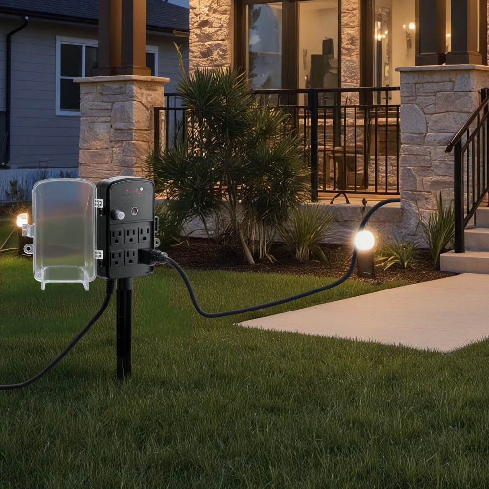 VEVOR Outdoor Power Stake, 100FT Extension Cord, Outdoor Power Strip Weatherproof with Cover, Remote Control Dusk to