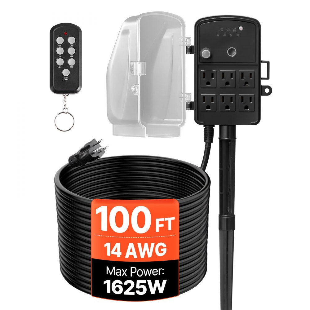 VEVOR Outdoor Power Stake, 100FT Extension Cord, Outdoor Power Strip Weatherproof with Cover, Remote Control Dusk to