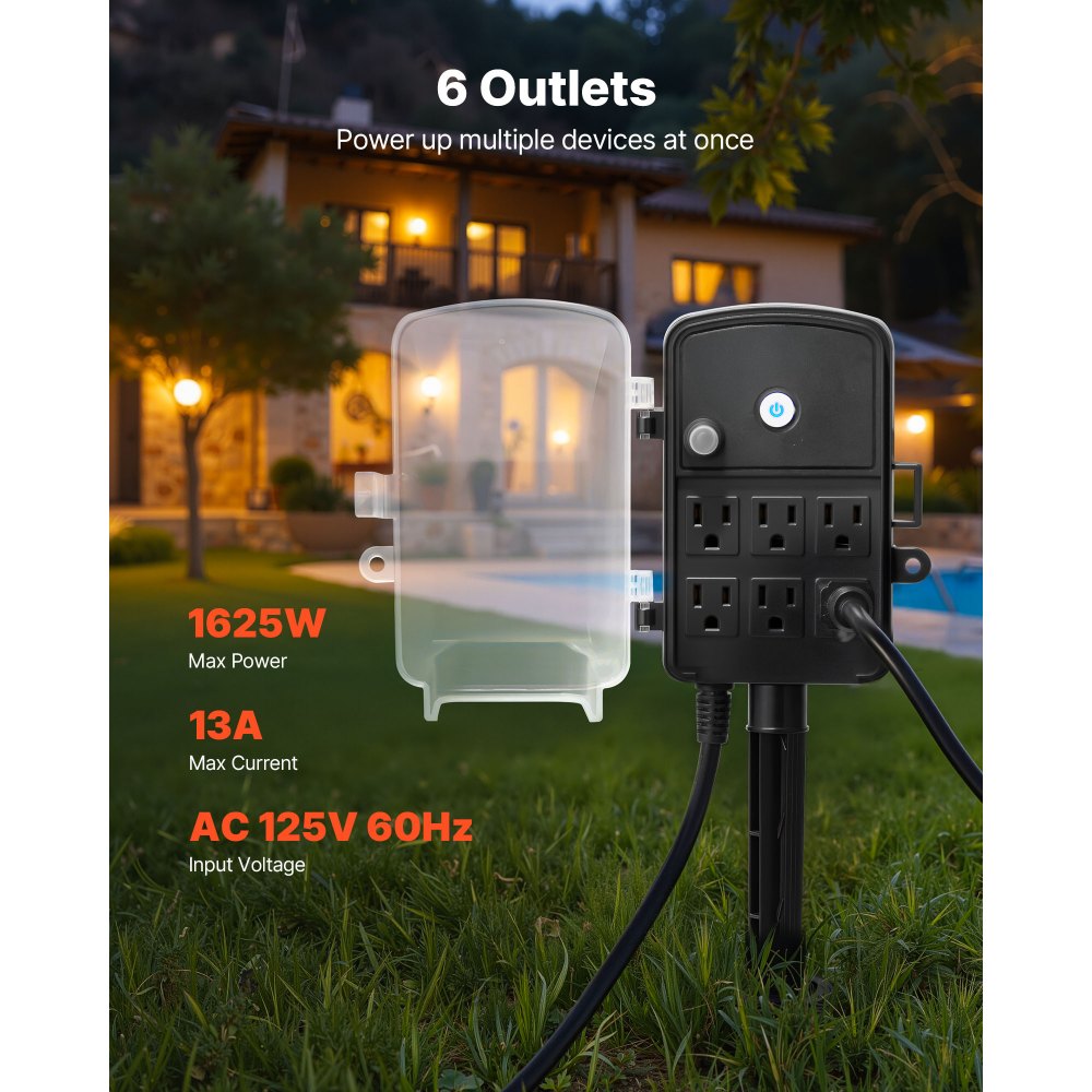 VEVOR Outdoor Power Stake, 100 FT Extension Cord, Outdoor Power Strip Weatherproof with Cover and Overload Protection