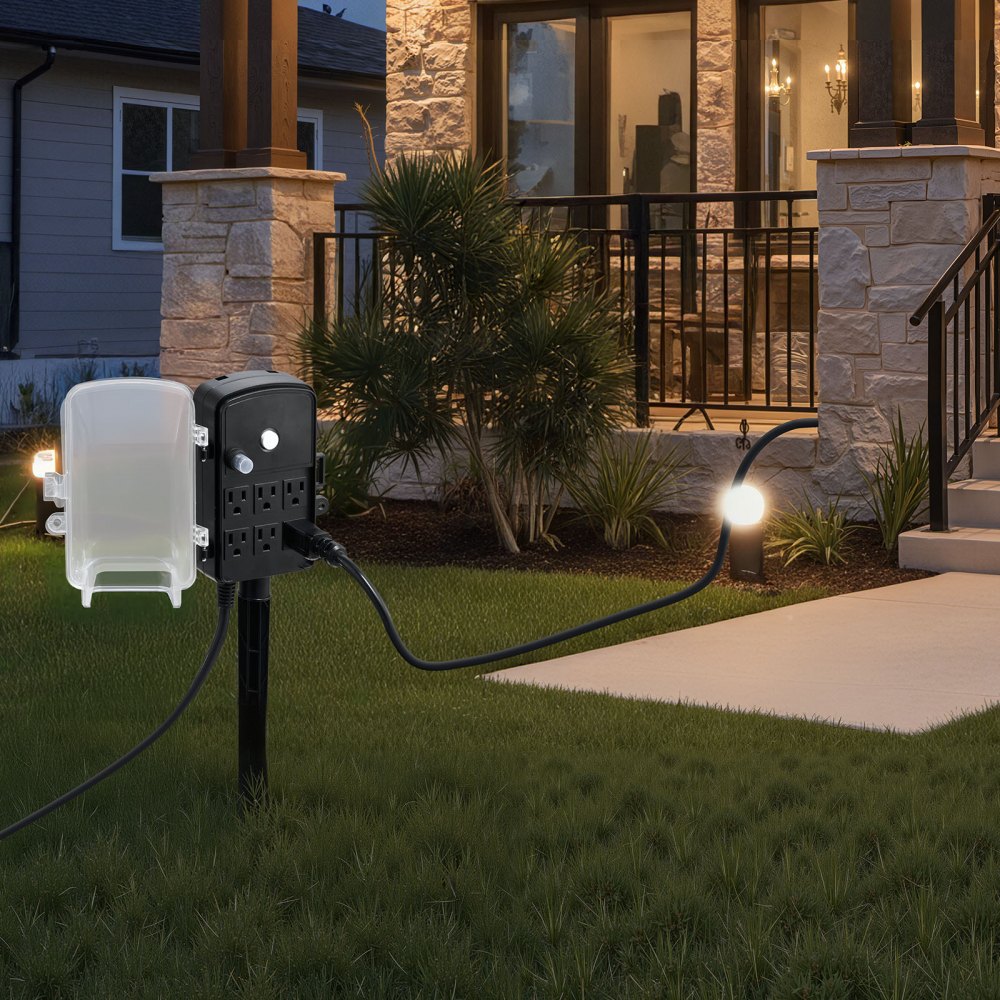 VEVOR Outdoor Power Stake, 100 FT Extension Cord, Outdoor Power Strip Weatherproof with Cover and Overload Protection