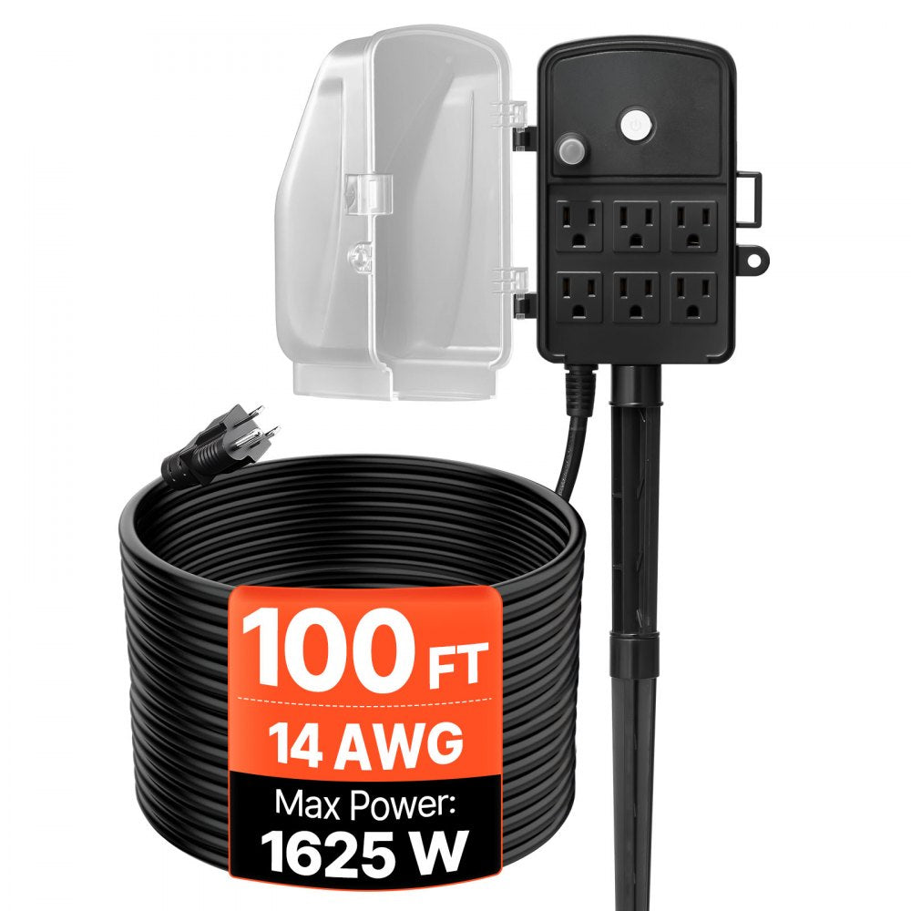 VEVOR Outdoor Power Stake, 100 FT Extension Cord, Outdoor Power Strip Weatherproof with Cover and Overload Protection
