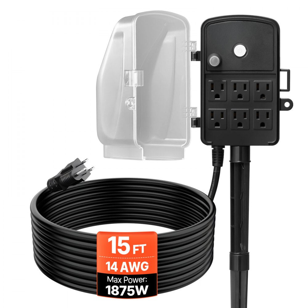 VEVOR Outdoor Power Stake, 15 FT Extension Cord, Outdoor Power Strip Weatherproof with Cover and Overload Protection, 6