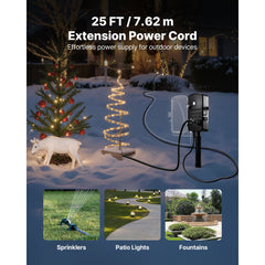 VEVOR Outdoor Power Stake, 25 FT Extension Cord, Outdoor Power Strip Weatherproof with Cover and Overload Protection, 6