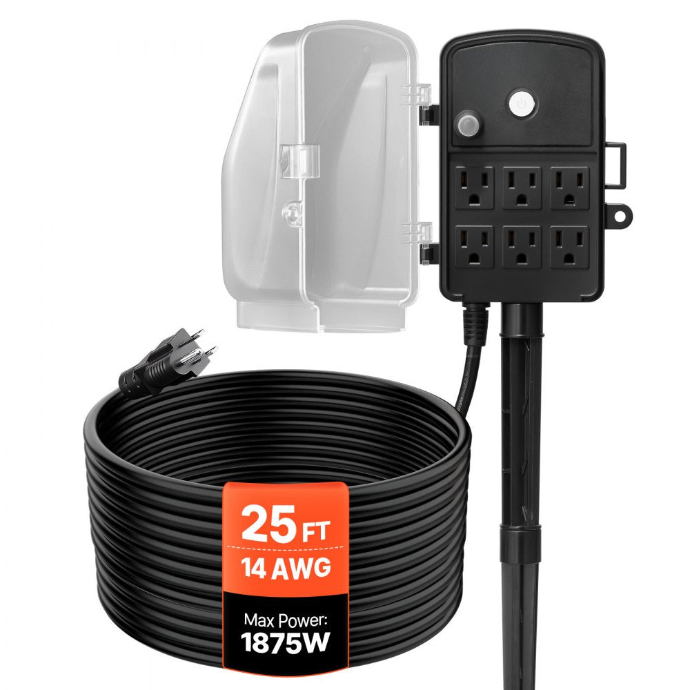 VEVOR Outdoor Power Stake, 25 FT Extension Cord, Outdoor Power Strip Weatherproof with Cover and Overload Protection, 6