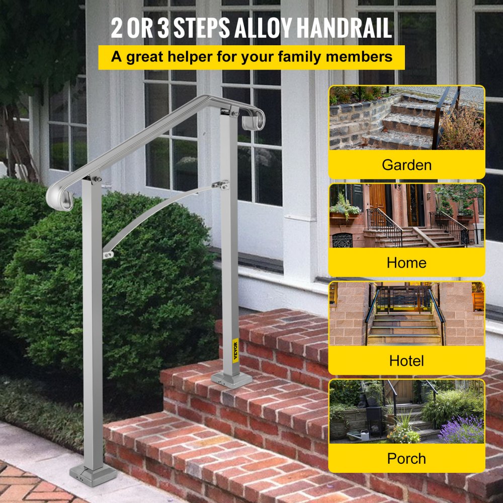 VEVOR Outdoor Stair Railing, Fit 2 or 3 Steps Alloy Metal Handrailing, Front Porch Flexible Transitional Handrail, Arch