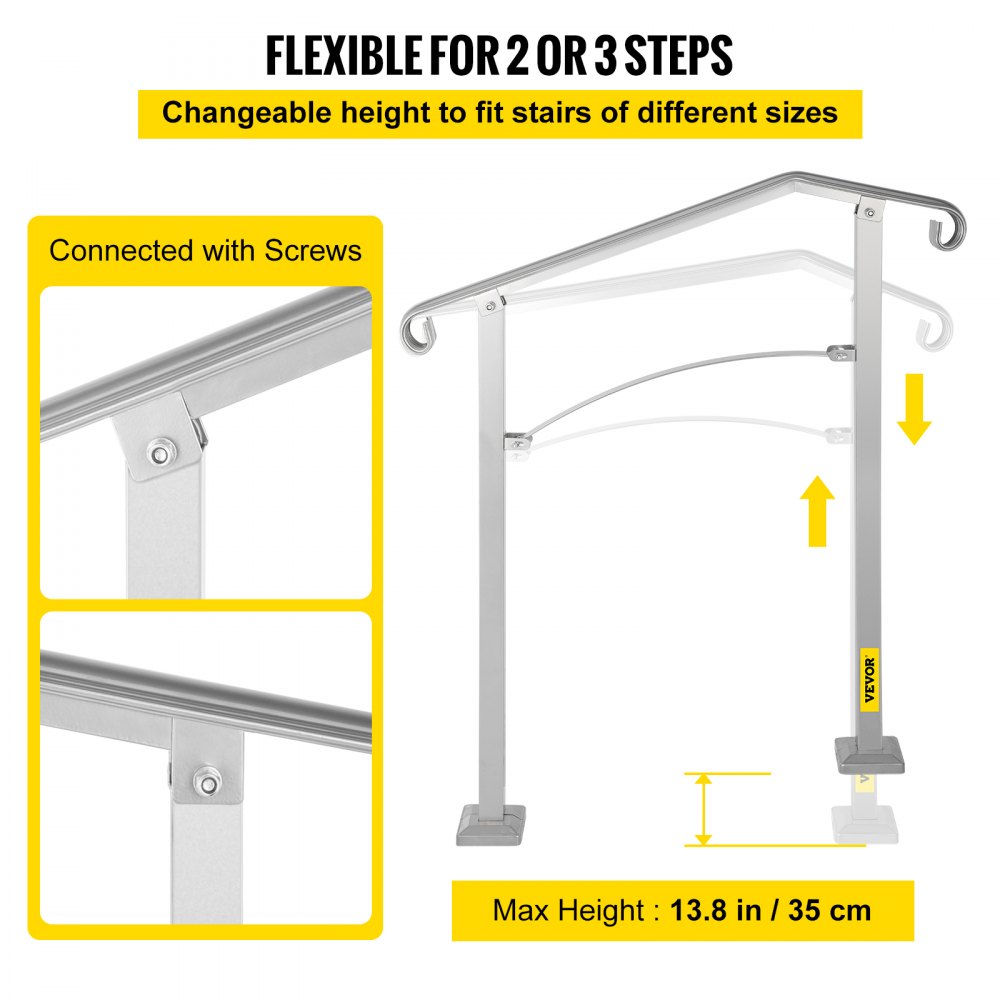 VEVOR Outdoor Stair Railing, Fit 2 or 3 Steps Alloy Metal Handrailing, Front Porch Flexible Transitional Handrail, Arch