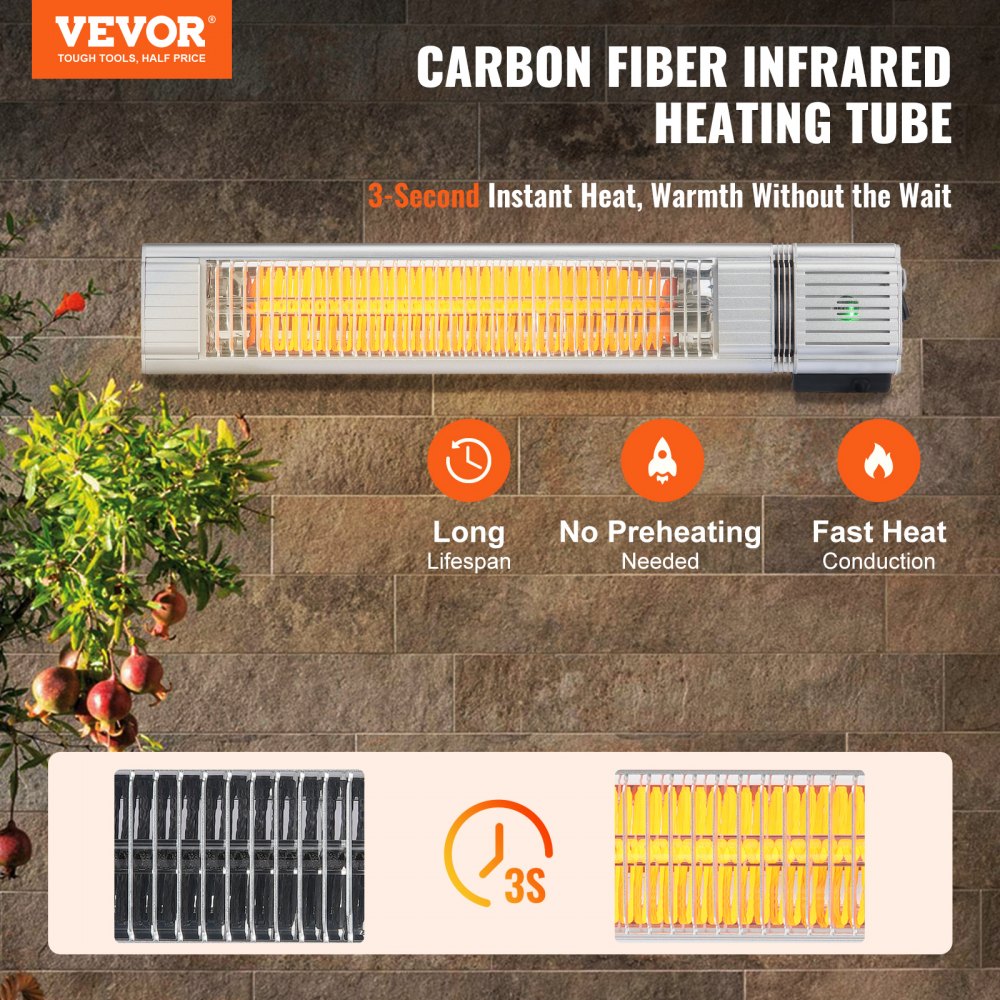 VEVOR Infrared Heater, 1500W Remote Control Electric Space Infrared Heater, IP65 Protection Carbon Infrared Outdoor