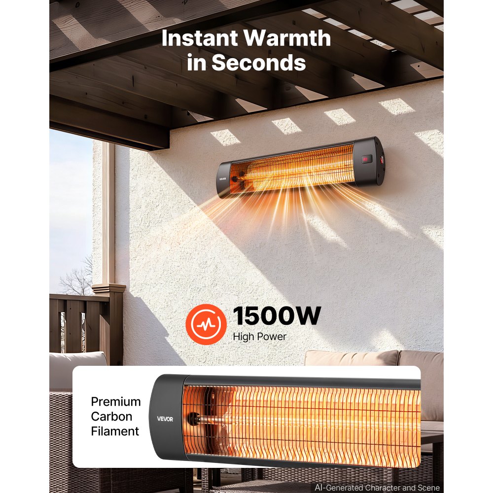 VEVOR Infrared Heater 1500W Electric Space Heater 3 Heat Settings Black, with Remote Control for Outdoor Use, 24 Hours