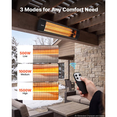 VEVOR Infrared Heater 1500W Electric Space Heater 3 Heat Settings Black, with Remote Control for Outdoor Use, 24 Hours