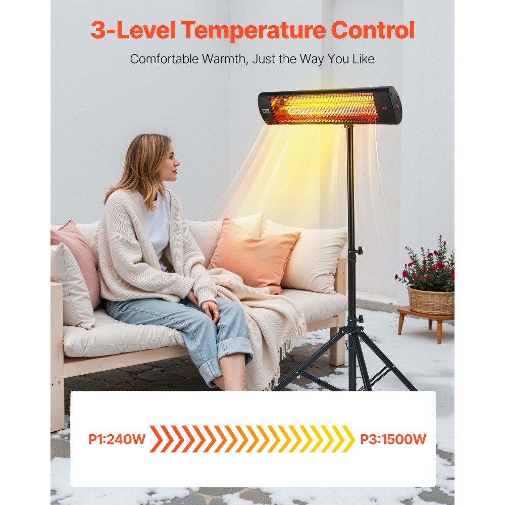 VEVOR Infrared Heater, 1500W Electric Space Heater with Remote Control, LED Screen w/ 3 Speeds & Timer, Outdoor/Outdoor