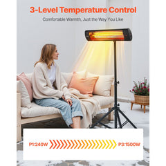 VEVOR Infrared Heater, 1500W Electric Space Heater with Remote Control, LED Screen w/ 3 Speeds & Timer, Outdoor/Outdoor