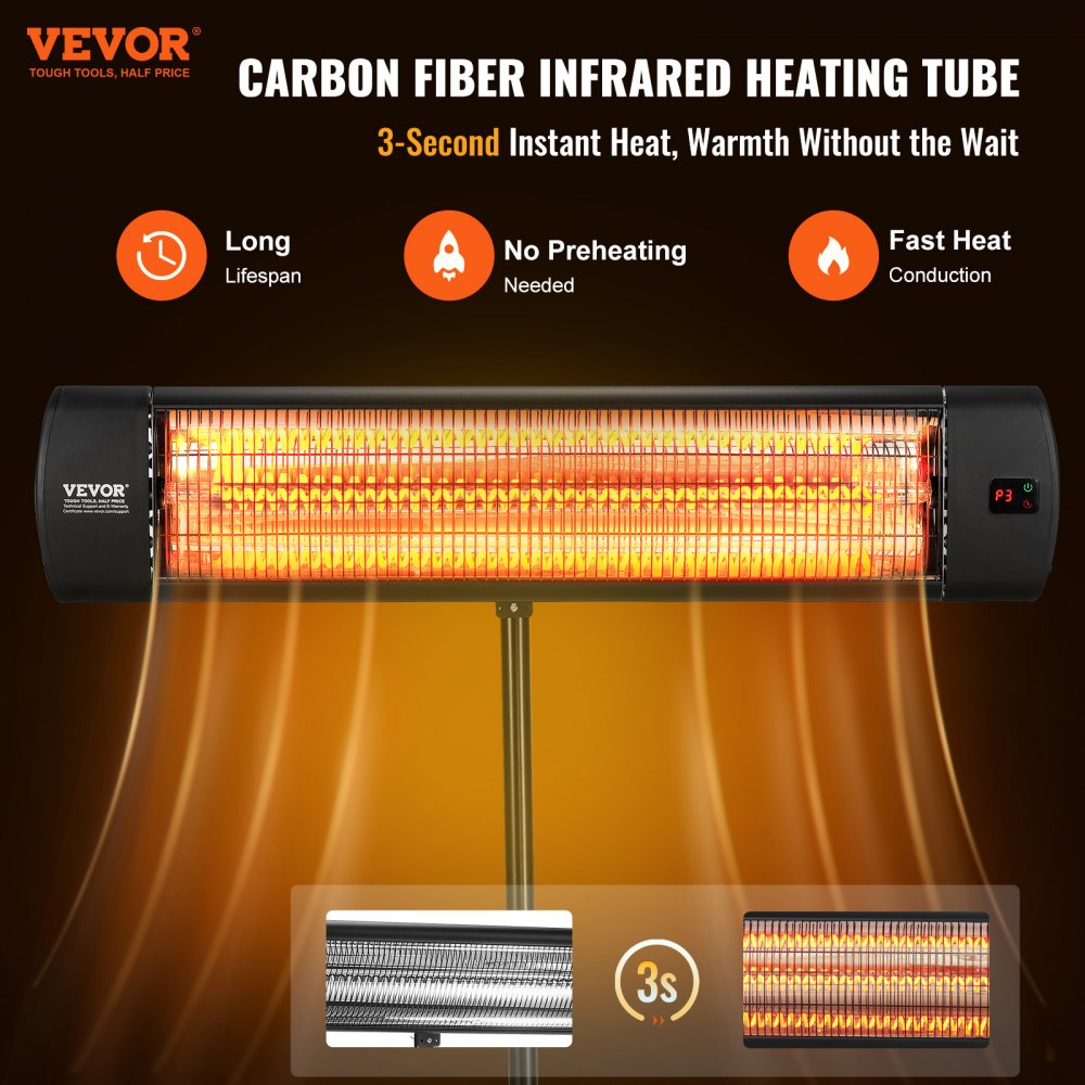 VEVOR Infrared Heater, 1500W Remote Control Electric Space Heater, LED Screen Patio Heater w/ 3 Speeds & Timer