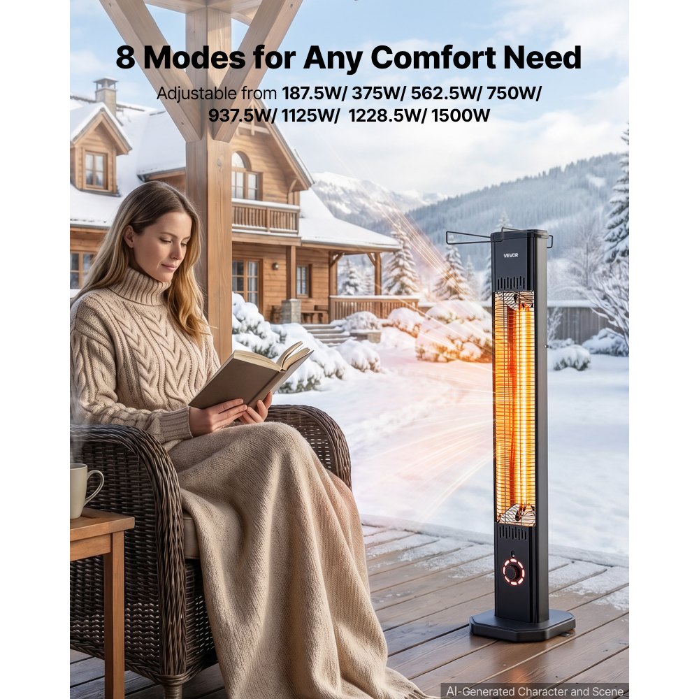 VEVOR Infrared Heater 1500W Electric Space Heater 8 Heat Settings Black, with Remote Control for Outdoor Use, 8H Timer