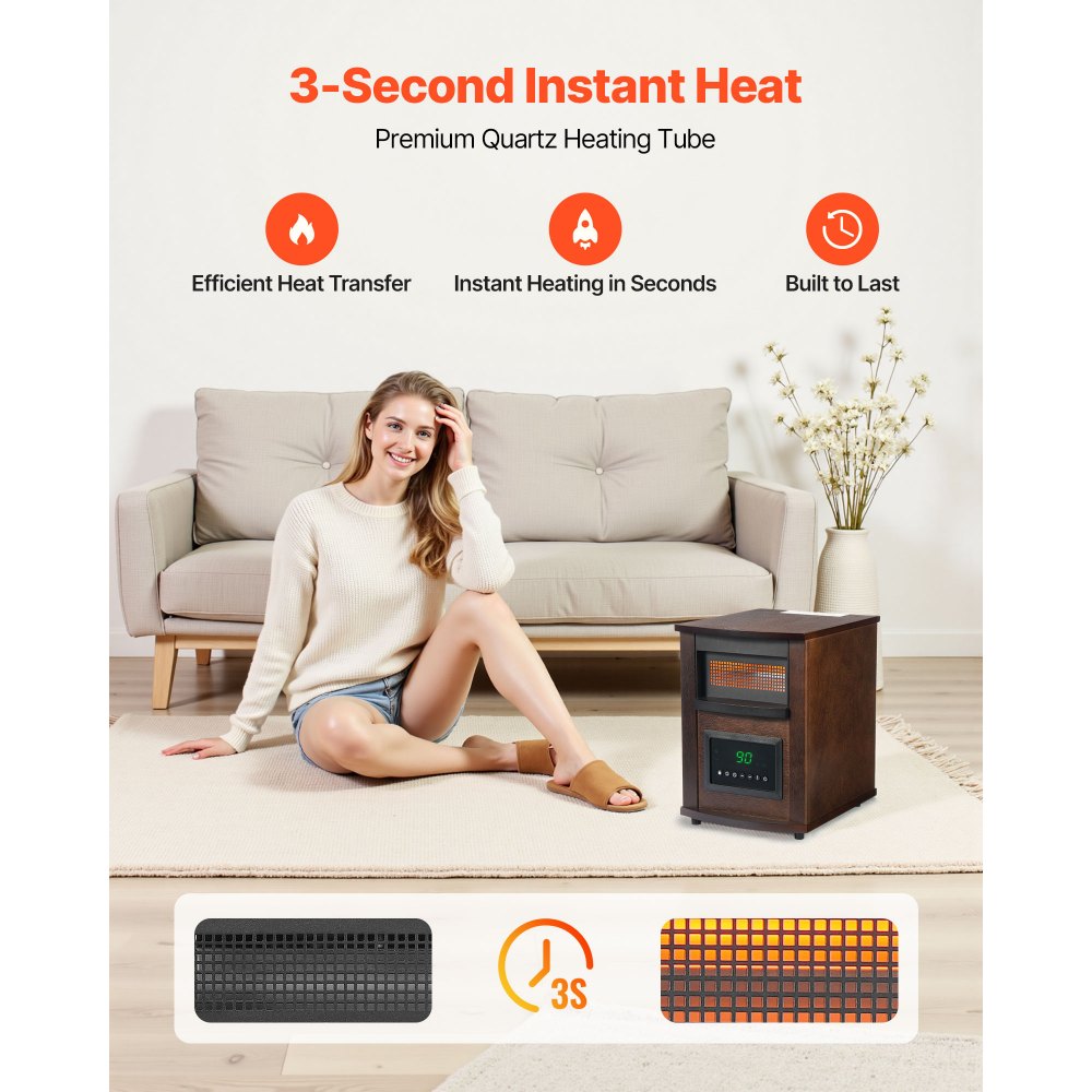 VEVOR Infrared Heater, 1500W Electric Space Heater with Remote Control, LED Screen & 24H Timer, Multiple Temperature