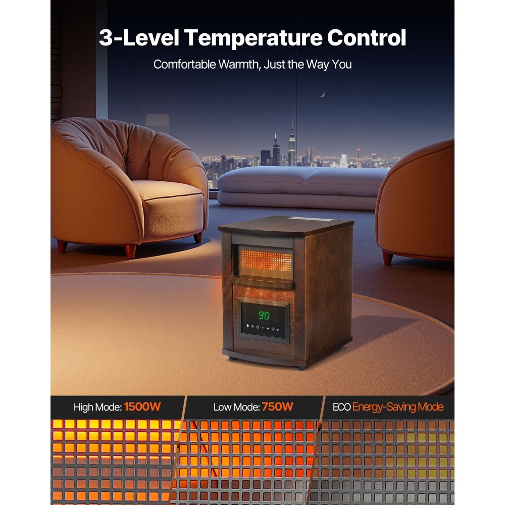 VEVOR Infrared Heater, 1500W Electric Space Heater with Remote Control, LED Screen & 24H Timer, Multiple Temperature