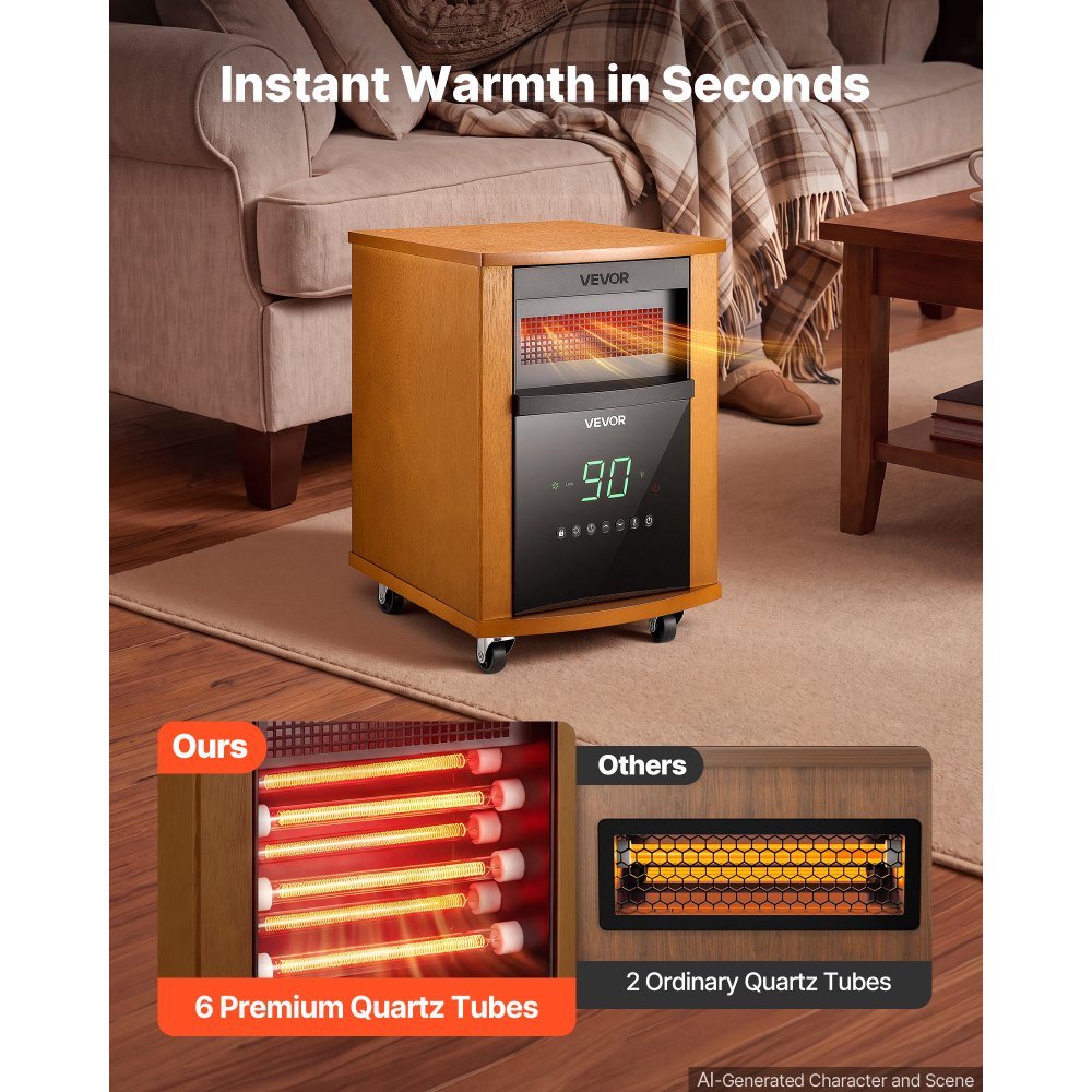 VEVOR Infrared Heater 1500W Electric Space Heater with Remote Control, 3 Heat Settings, 12H Timer, Overheat Shutoff
