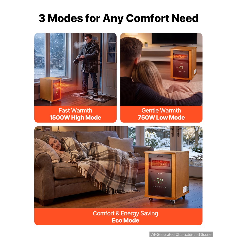 VEVOR Infrared Heater 1500W Electric Space Heater with Remote Control, 3 Heat Settings, 12H Timer, Overheat Shutoff