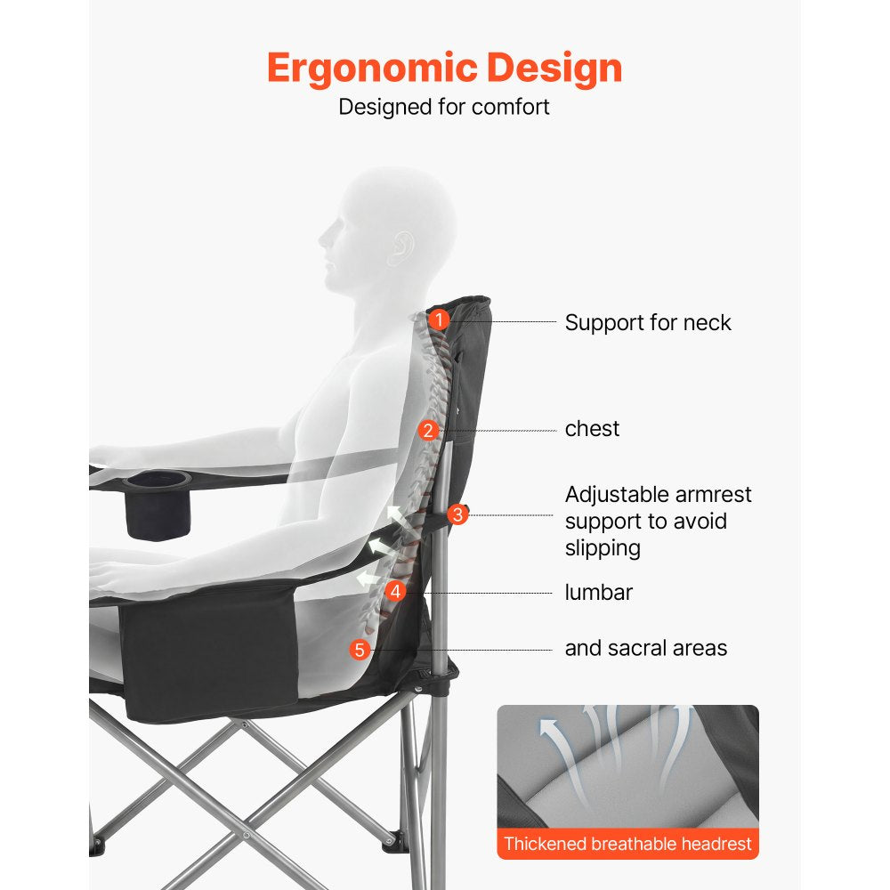 VEVOR Camping Folding Chair for Adults, Portable Heavy Duty Outdoor Quad Lumbar Back Padded Arm Chairs with Side