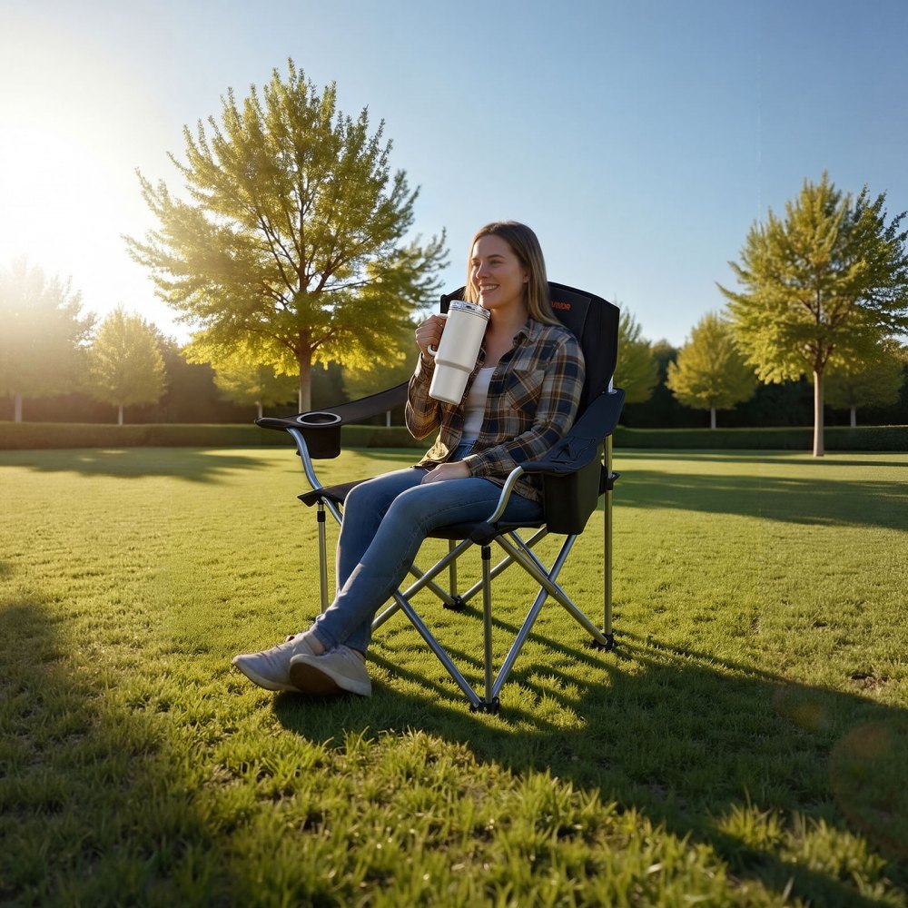 VEVOR Camping Folding Chair for Adults, Portable Heavy Duty Outdoor Quad Lumbar Back Padded Arm Chairs with Side