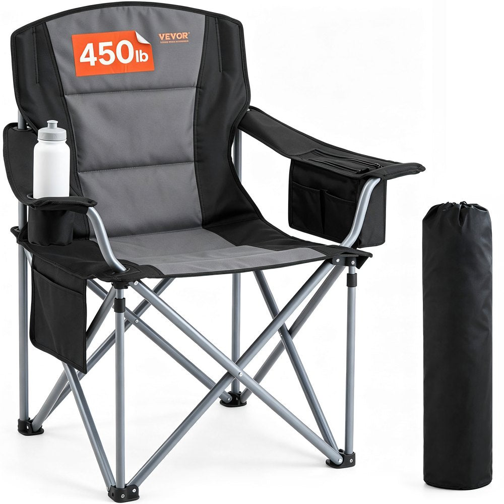 VEVOR Camping Folding Chair for Adults, Portable Heavy Duty Outdoor Quad Lumbar Back Padded Arm Chairs with Side