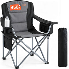 VEVOR Camping Folding Chair for Adults, Portable Heavy Duty Outdoor Quad Lumbar Back Padded Arm Chairs with Side