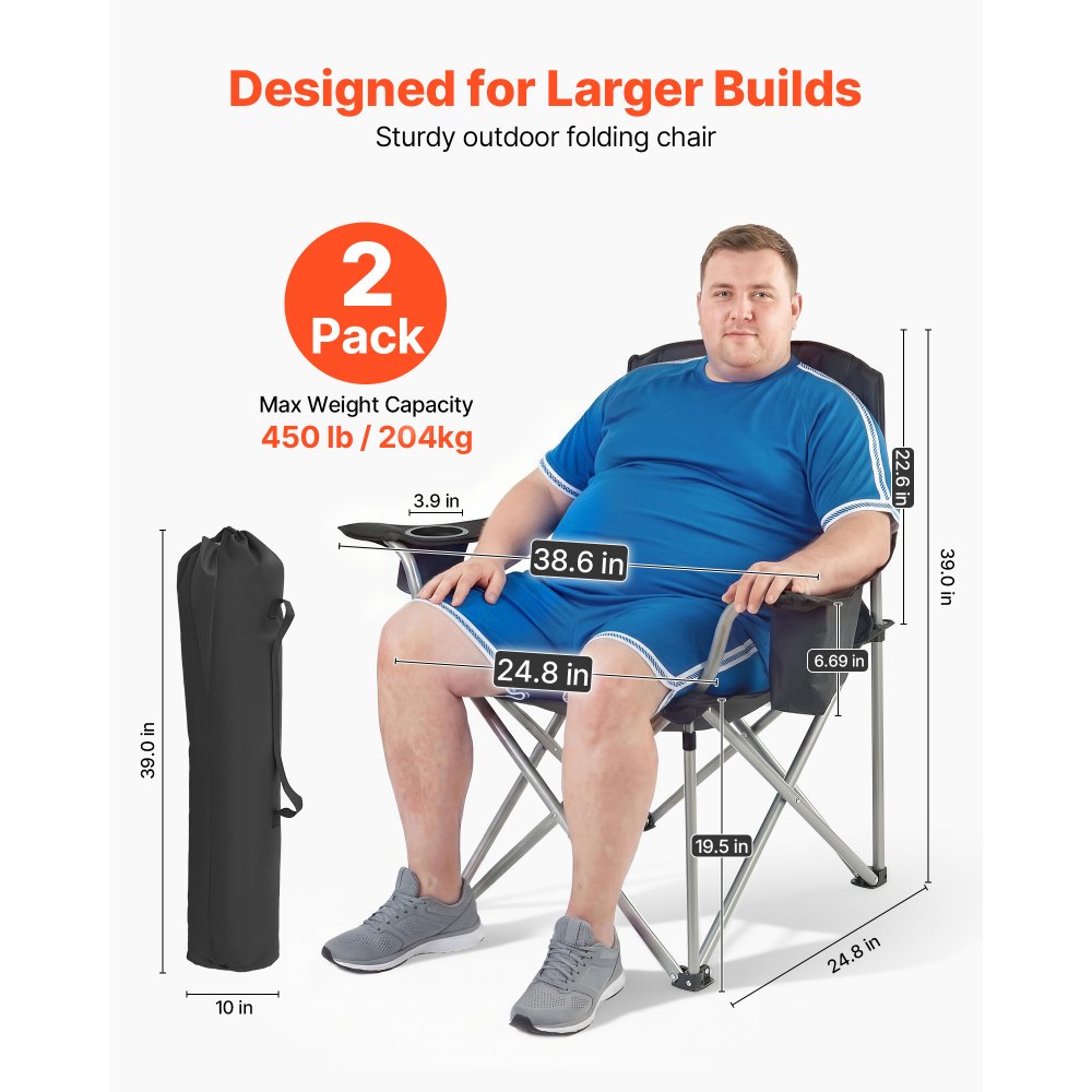 VEVOR Oversized Camping Chairs, 450 lbs Heavy Duty Support, Portable Folding Camp Chairs with Padded Backrest &