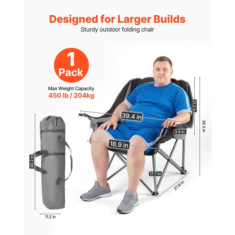 VEVOR Oversized Camping Chairs, 450 lbs Heavy Duty Support, Portable Padded Folding Camp Chairs with Dual Cup Holders &
