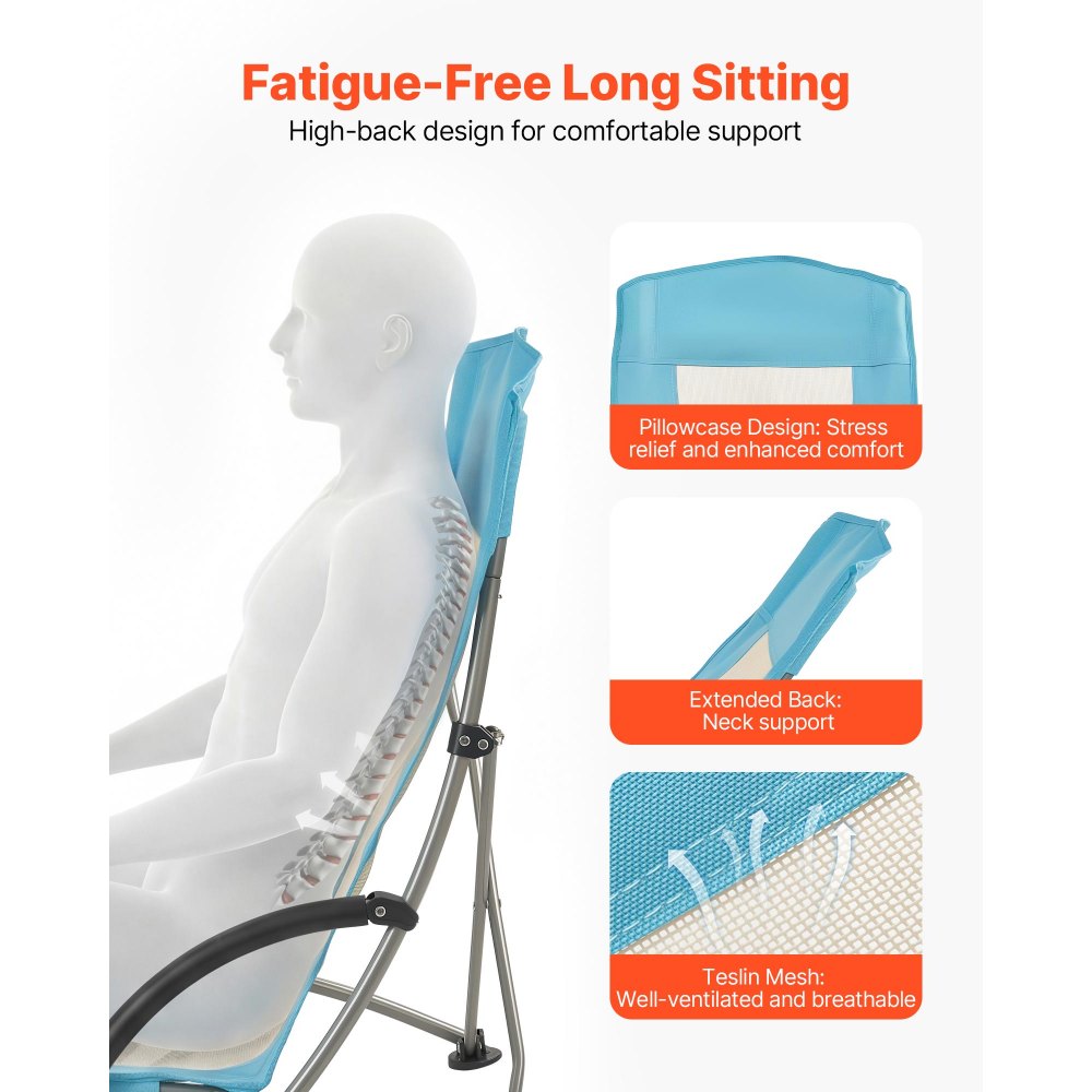 VEVOR Folding Beach Chair, High Back Camping Chairs for Adults, with Cup Pocket, Mesh Back, Carry Bag, Portable Extra
