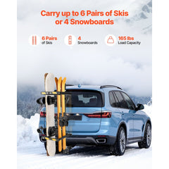 VEVOR Folding Hitch Mounted Ski & Snowboard Rack, Fits 2-Inch Receiver, Carries up to 6 Pairs of Skis or 4 Snowboards