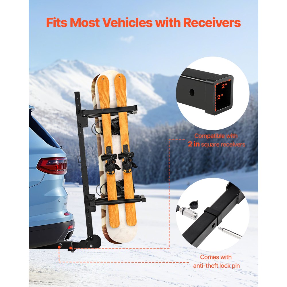 VEVOR Folding Hitch Mounted Ski & Snowboard Rack, Fits 2-Inch Receiver, Carries up to 6 Pairs of Skis or 4 Snowboards