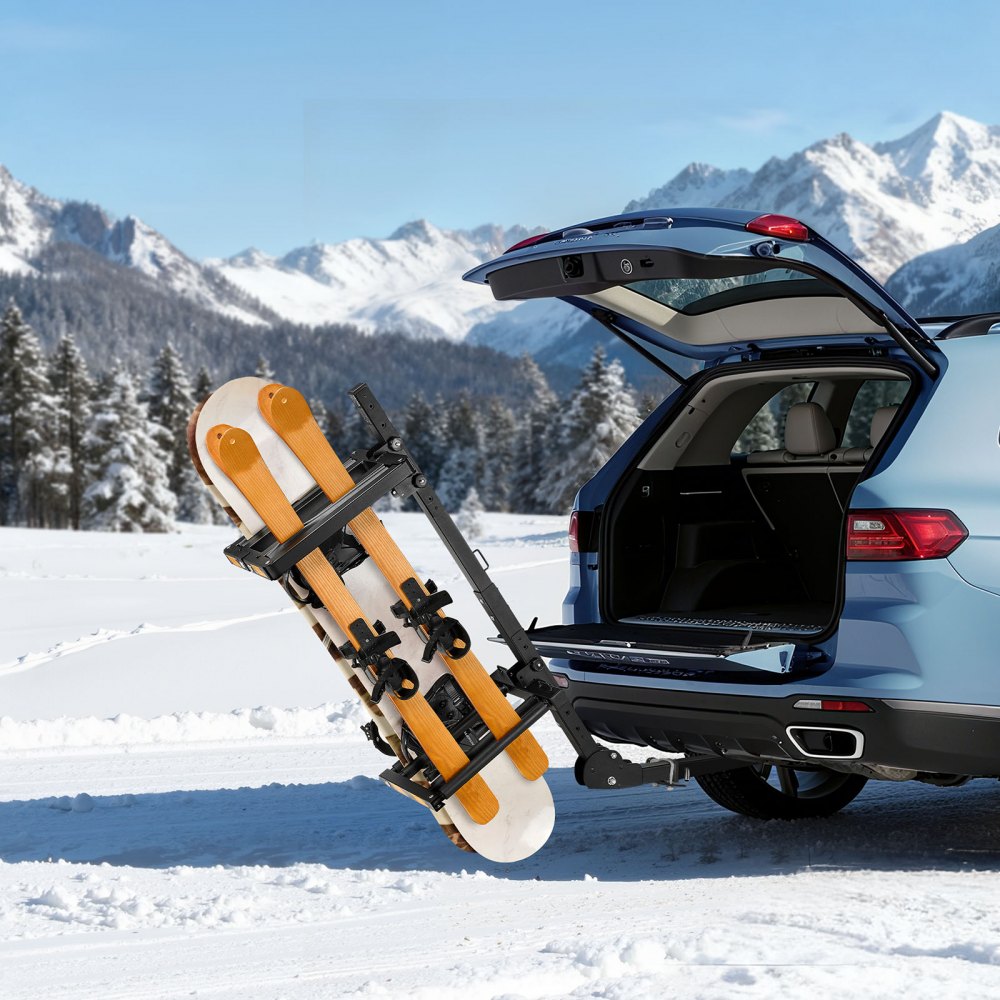 VEVOR Folding Hitch Mounted Ski & Snowboard Rack, Fits 2-Inch Receiver, Carries up to 6 Pairs of Skis or 4 Snowboards