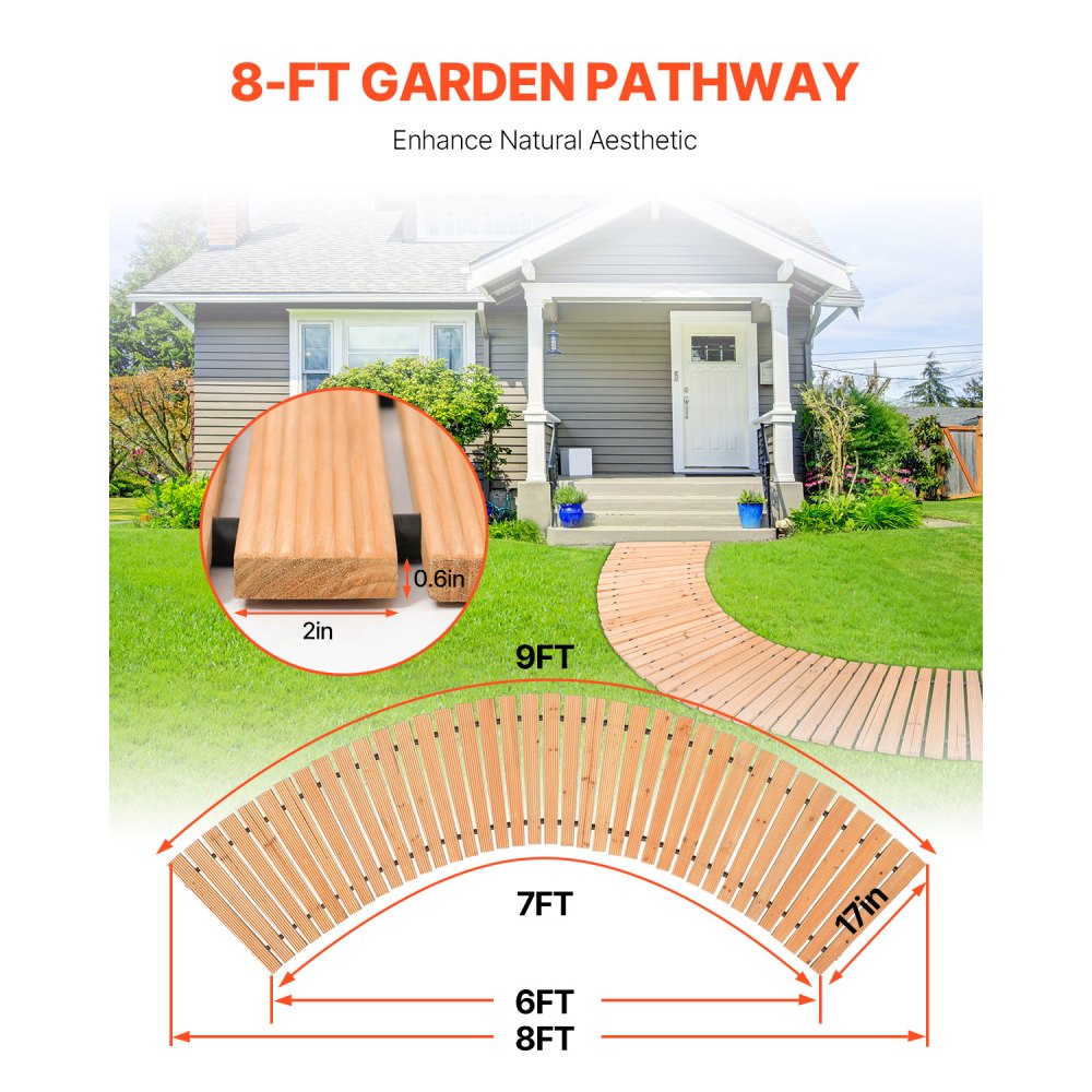 VEVOR Wooden Garden Pathway, 8 ft x 17 in, Non-Slip Curved Garden Walkway, Roll Out Cedar Outdoor Walkway Path with