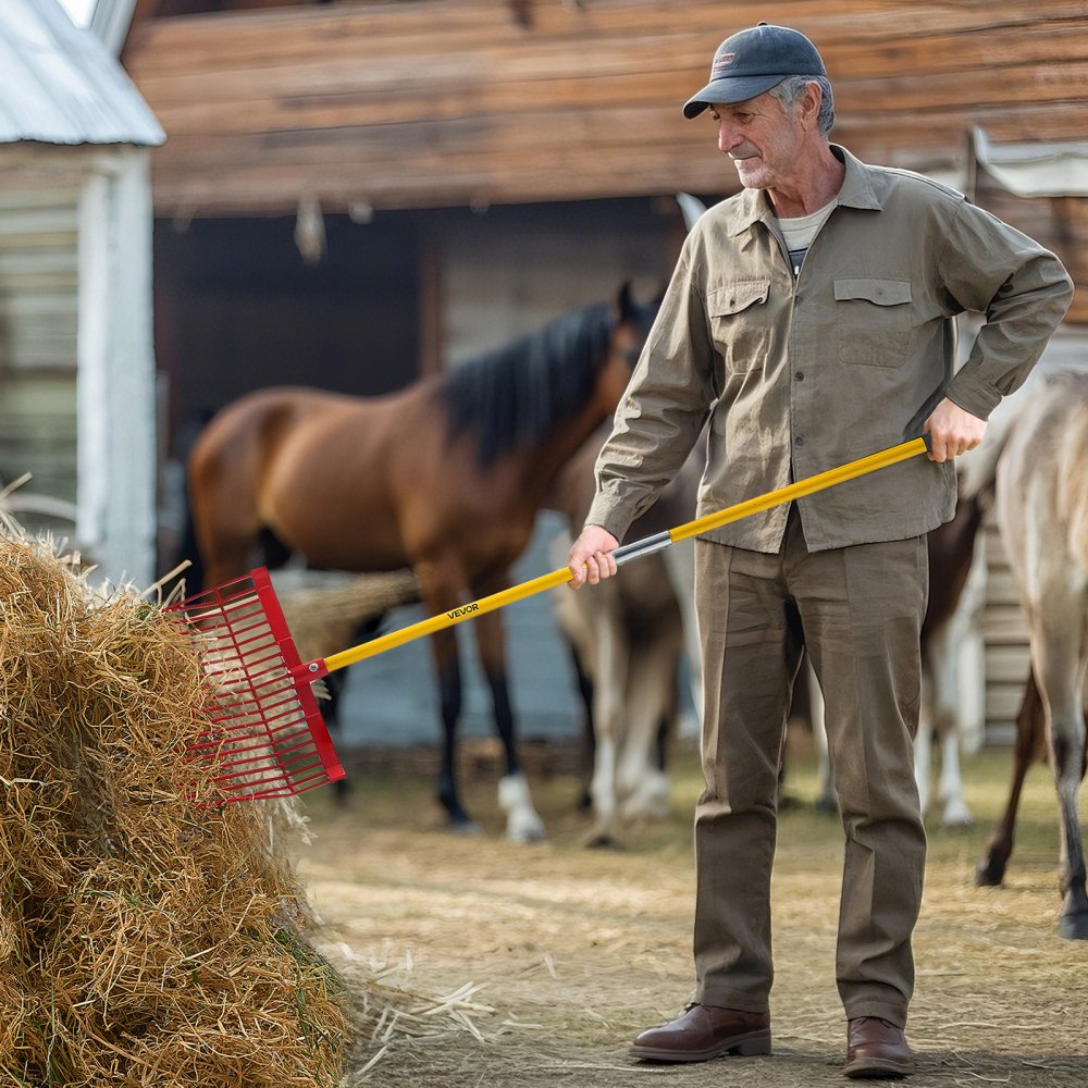 VEVOR Manure Fork, 18 Angled Tines, Horse Manure Rake with Long Fiberglass Handle, 61 in Durable Plastic Pitchfork Muck