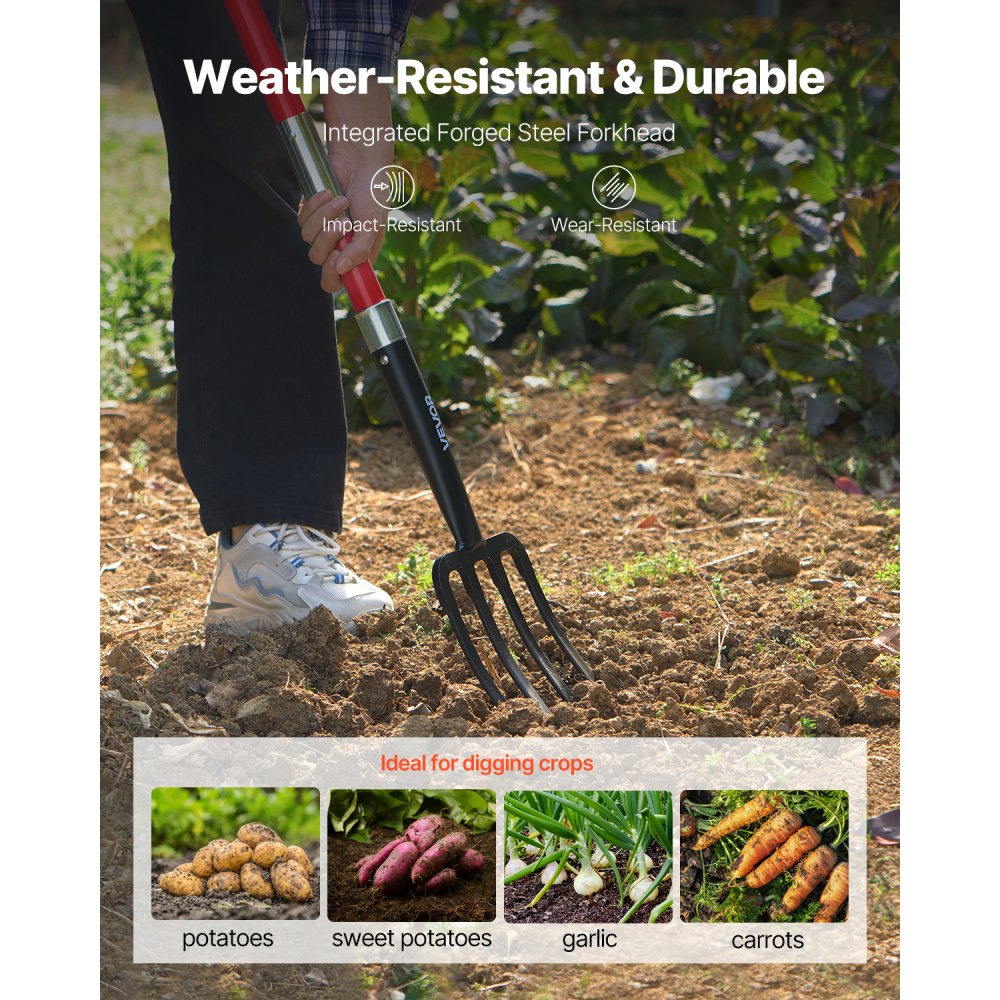 VEVOR Garden Fork, 4-Tine Gardening Pitchfork with Fiberglass Handle, 45 in Heavy Duty Digging Fork with Y Grip, Forged