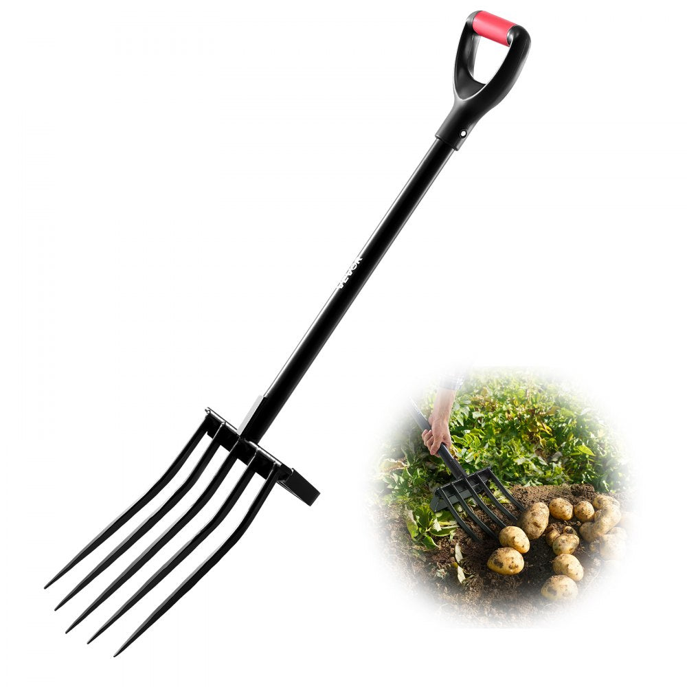 VEVOR Garden Fork, 5-Tine Gardening Pitchfork with Metal Handle, 41 in Heavy Duty Digging Fork with Y Grip, Forged