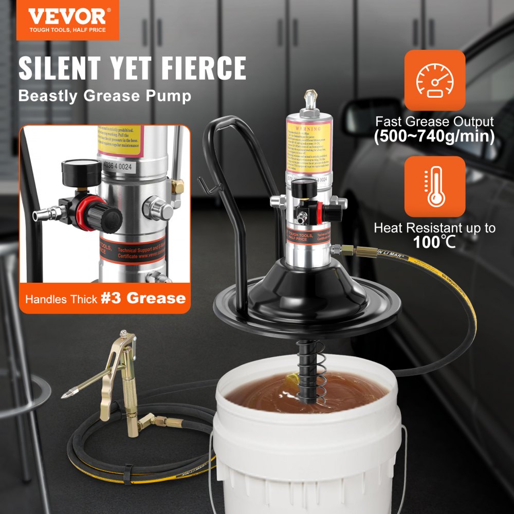VEVOR Grease Pump, 50:1 Pressure Ratio Air Operated Grease Pump with 13 ft High Pressure Hose and Grease Gun, Pneumatic