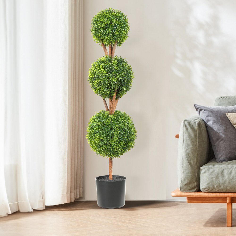 VEVOR Artificial Topiaries Boxwood Trees, 48 inch Tall (2 Pieces), 3 Ball-Shape Faux Topiaries Plant with Planters