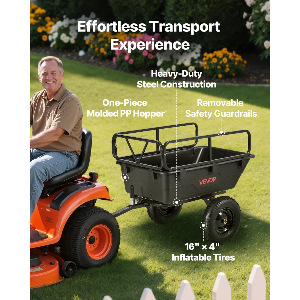 VEVOR Garden Utility Trailer, 10 Cu. Ft 500lbs, ATV UTV Hauling Trailer, Tow Behind Poly Dump Cart with 16" Tires, Hand