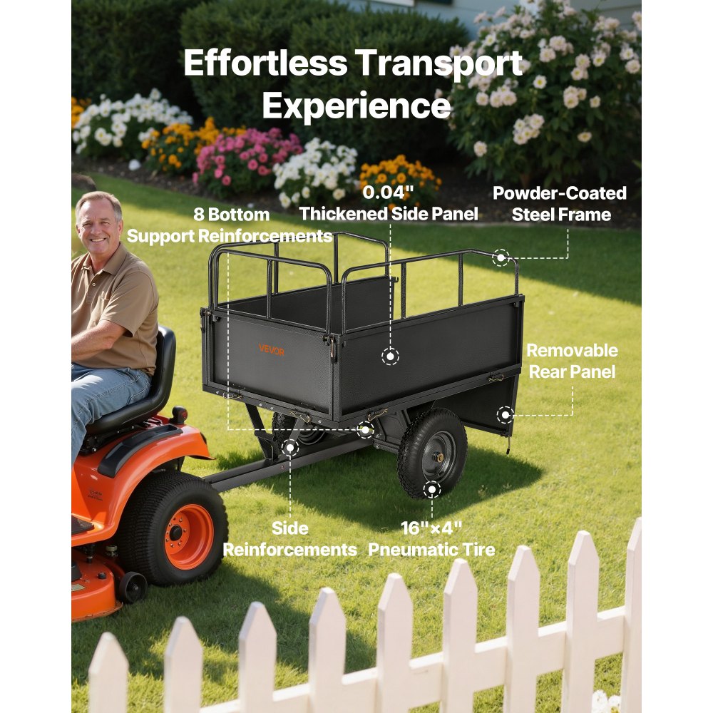 VEVOR Garden Utility Trailer, 17 Cu. Ft & 600lbs Capacity, ATV UTV Hauling Trailer, Tow Behind Steel Dump Cart with 16"