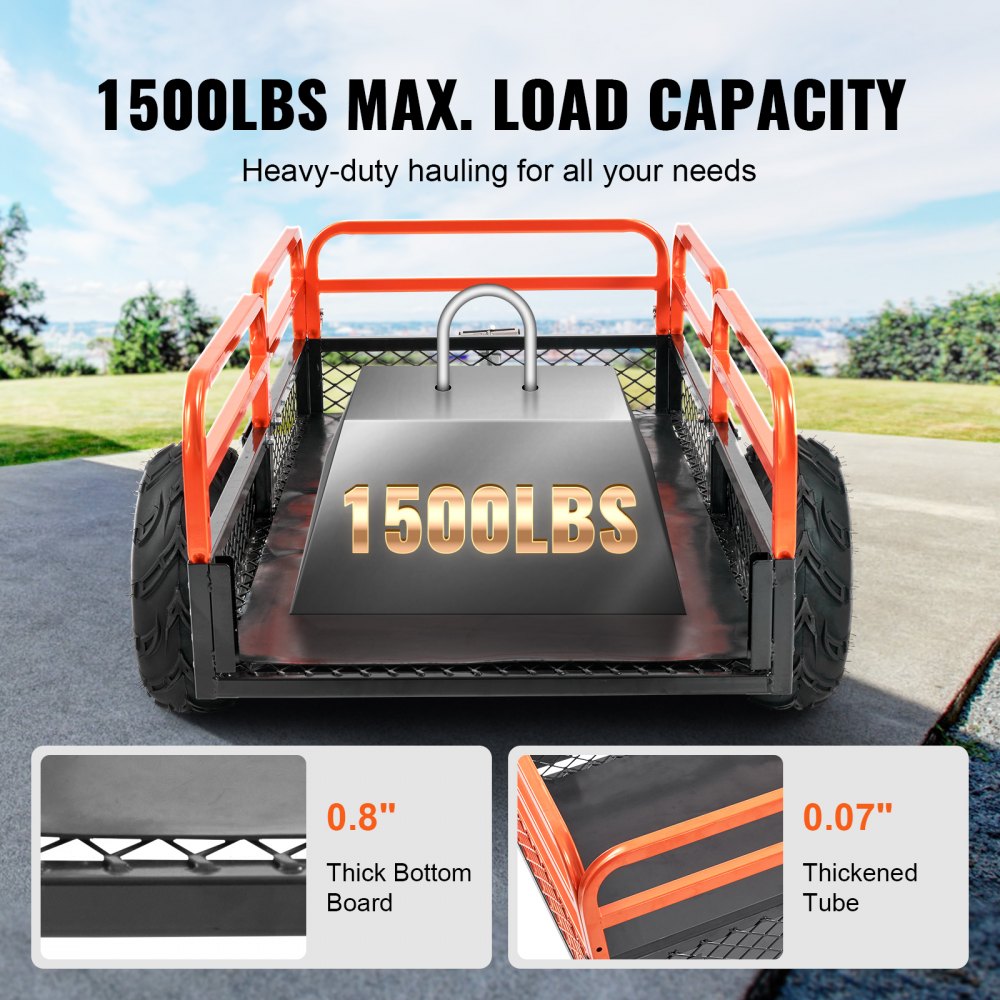 VEVOR Heavy Duty Steel ATV Dump Trailer, 1500-Pound Load Capacity 15 Cubic Feet, Tow Behind Dump Cart Garden Trailer