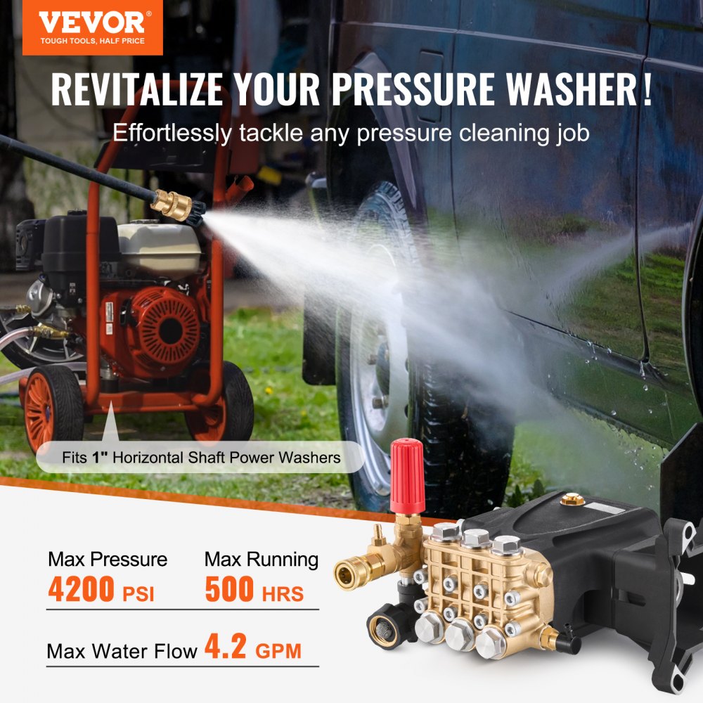 VEVOR Pressure Washer Pump, 1" Shaft Horizontal Triplex Plunger, 4200 PSI, 4.2GPM, Replacement Power Washer Pumps Kit
