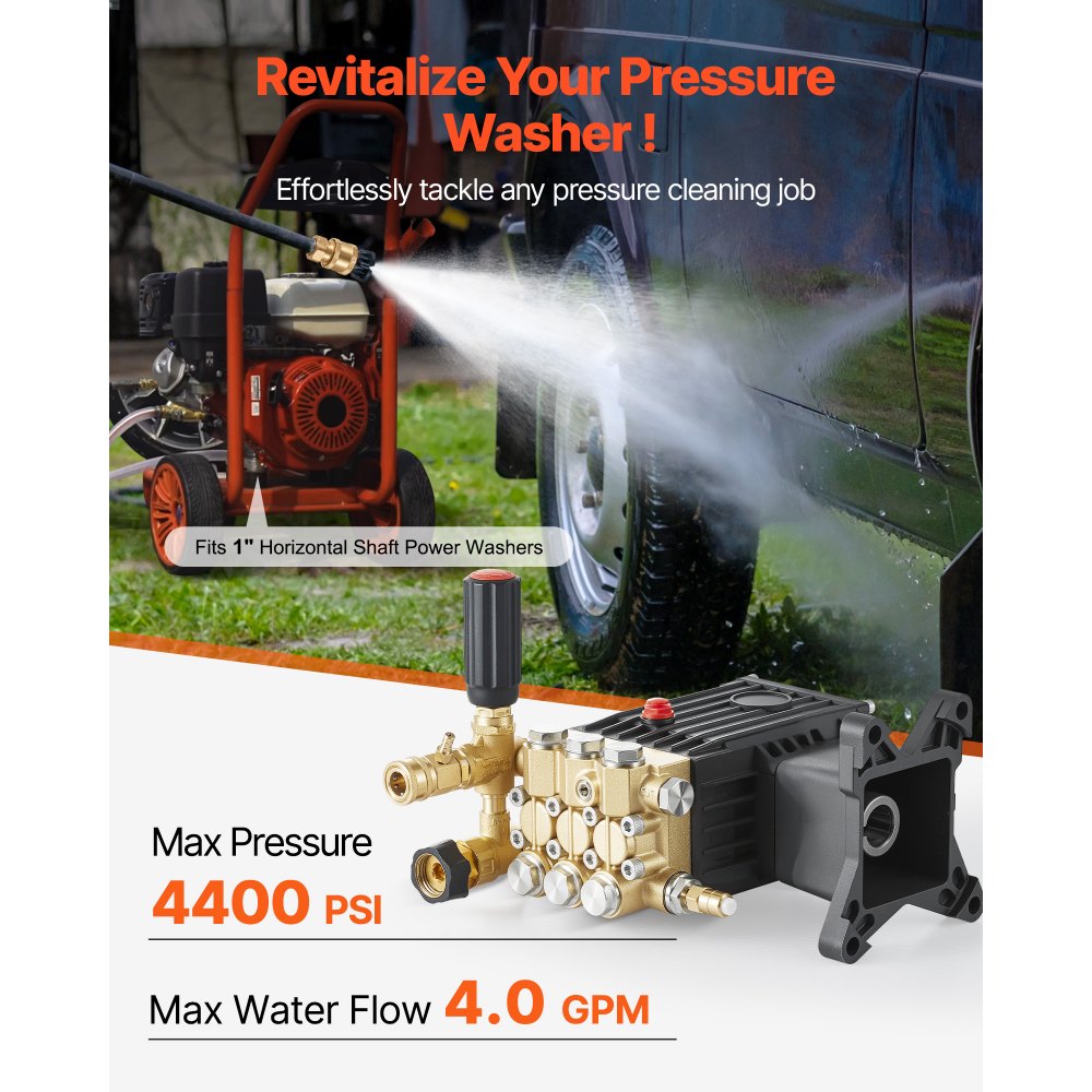 VEVOR Pressure Washer Pump, 1" Shaft Horizontal Triplex Plunger, 3600 PSI, 3.7 GPM, Replacement Power Washer Pumps Kit