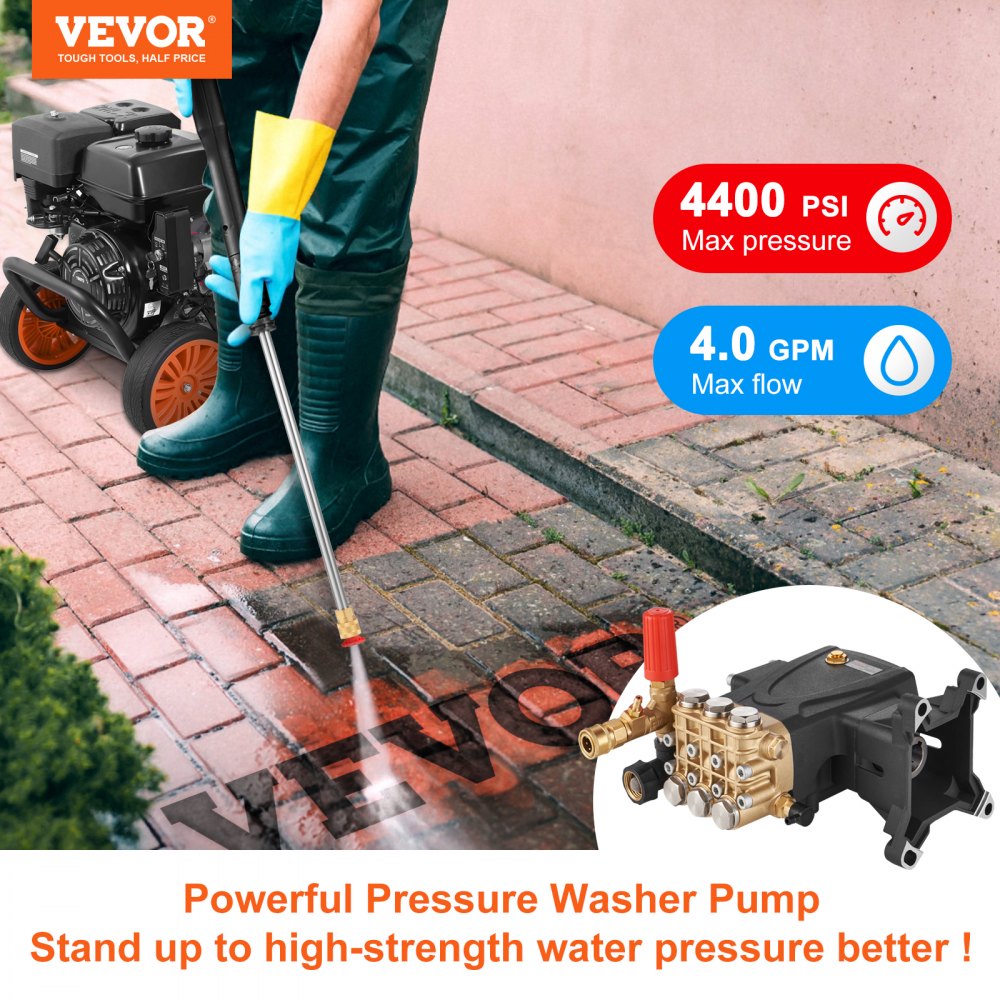 VEVOR Pressure Washer Pump, 1" Shaft Horizontal Triplex Plunger, 4400 PSI, 4 GPM Flow, Replacement Power Washer Pumps