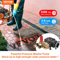 VEVOR Pressure Washer Pump, 3/4" Shaft Horizontal Triplex Plunger, 3700 PSI, 2.5 GPM, Replacement Power Washer Pumps