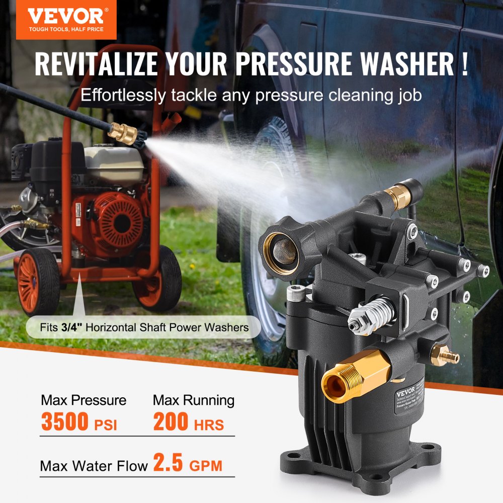 VEVOR Pressure Washer Pump, 3/4" Shaft Horizontal, 3500 PSI, 2.5GPM, Replacement Power Washer Pumps Kit with 5 Nozzles