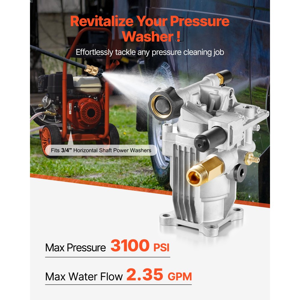 VEVOR Pressure Washer Pump, 3/4" Shaft Horizontal, 3100 PSI, 2.35 GPM, Replacement Power Washer Pumps Kit with Hardware