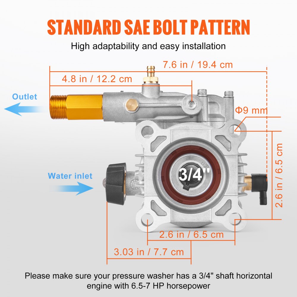 VEVOR Pressure Washer Pump, 3/4" Shaft Horizontal, 3400 PSI, 2.5 GPM, Replacement Power Washer Pumps Kit, Parts Washer