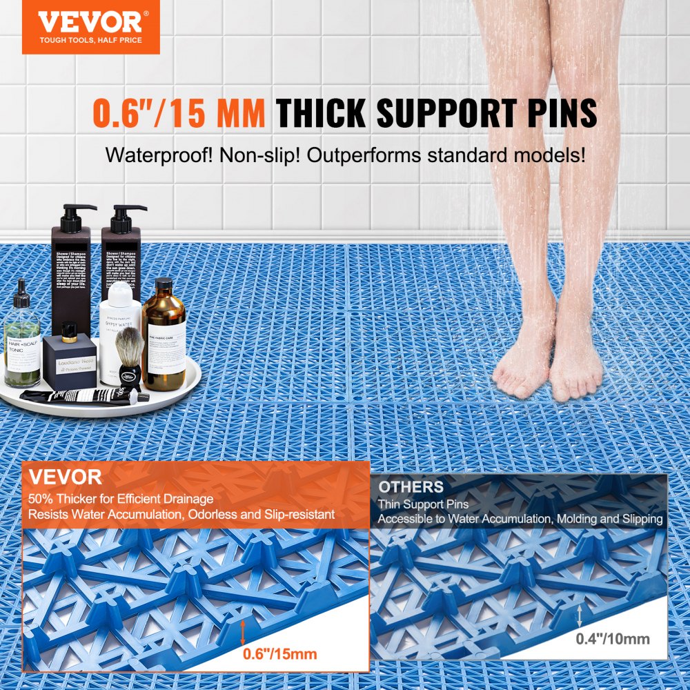 VEVOR Interlocking Tile 55PCS Blue, Drainage Tiles 12" x 12" Splicing, Soft PVC Interlocking Drainage Floor Tiles