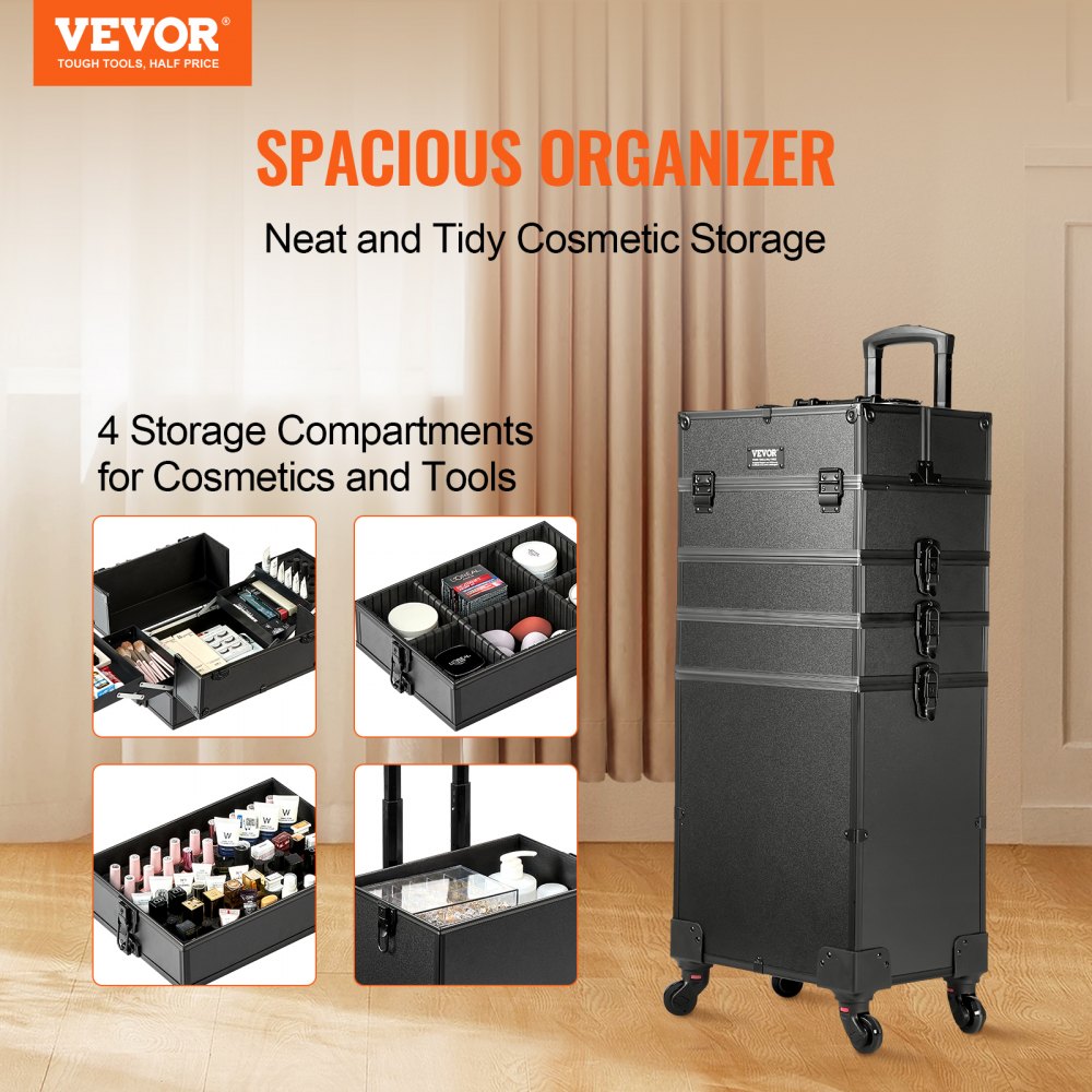 VEVOR 5 in 1 Professional Makeup Train Case Aluminum Cosmetic Case, Rolling Makeup Case Extra Large Trolley Makeup