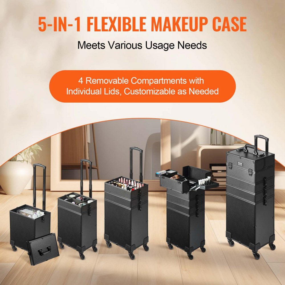 VEVOR 5 in 1 Professional Makeup Train Case Aluminum Cosmetic Case, Rolling Makeup Case Extra Large Trolley Makeup